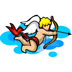 The clipart image features a stylized representation of an angel or cupid, commonly associated with love and Valentine's Day. This character is portrayed with light-colored wings, a bow and arrow, and appears to be flying against a backdrop of abstract blue shapes that could imply clouds or sky.