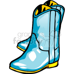 This is a clipart image featuring a pair of turquoise cowboy boots with yellow accents. 