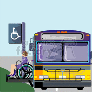 The clipart image depicts a person in a wheelchair at a bus stop with a sign indicating that it's a designated stop for individuals with disabilities. A bus is shown next to them, equipped with a lift, suggesting that the bus offers assistance for wheelchair users to help them load and unload safely as part of accessible transportation services.
