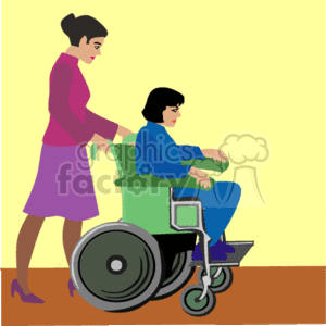 This clipart image features two women: one sitting in a wheelchair and the other standing behind her, pushing the wheelchair. The woman in the wheelchair appears to be a person with a disability, and the standing woman seems to be a caregiver or assistant providing help. The setting appears to be indoors with a simple background.