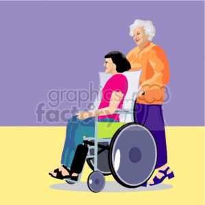 This clipart image depicts two women, one appearing younger and seated in a wheelchair, and the other, who seems older, standing and pushing the wheelchair. Both individuals are smiling, suggesting a happy, supportive interaction. The background consists of two flat colors, dividing the floor from the wall.
