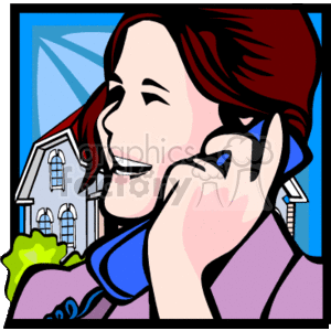 The clipart image features a smiling person who appears to be a realtor or real estate agent, as indicated by the house in the background and the person's professional attire. They are talking on a mobile phone, possibly discussing a house sale or a real estate deal. The style is simple and cartoonish, using bold outlines and vibrant colors.