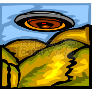 The image is a stylized clipart showing a UFO (unidentified flying object) hovering above rolling hills or a landscape. The UFO is depicted as a classic flying saucer with a dome on top and a ring of lights or windows around the central part. The setting appears to be daylight with some blue sky in the background.
