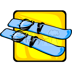 This clipart image depicts a pair of blue skis with bindings. The skis are set against a yellow background, possibly to signify warmth or sunny conditions that can sometime be associated with skiing, though this is uncommon.