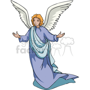 The image depicts a female angel with outstretched wings, dressed in flowing blue robes with an aqua-colored drape. She appears welcoming and benevolent, with a gentle expression on her face, typical of Christian angelic imagery often associated with religious and holiday themes, especially around the Christmas season.