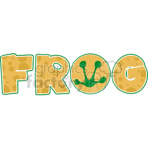 The image contains the word FROG spelled out in giant letters. Each letter is stylized with a texture or pattern that resembles the skin of a frog, generally a green and brown color scheme with spots. Inside the letter 'O' is designed to look like the face of a cartoonish frog, with a simple depiction of eyes and a happy frog smile.