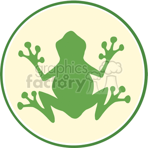 The image is a clipart illustration of a green frog seen from a top-down perspective. The frog is centered in the image with a slight drop shadow effect, giving it a layered look, and there is a pale yellow circle with a light green border in the background that frames the frog.