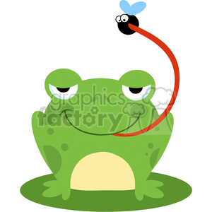 The image is a clipart picture of a cartoon frog with a funny expression, sitting on a green surface that could represent a lily pad. There's also a fly with a comical face flying above the frog's head, connected by a curved red line that illustrates the frog's long tongue reaching out towards the fly.