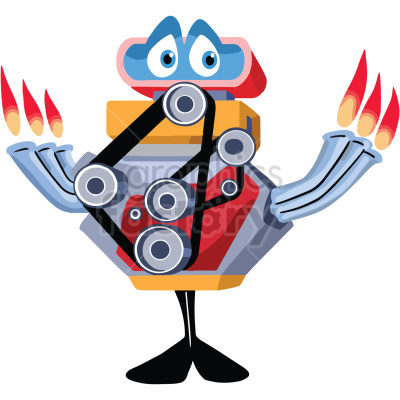 The clipart image depicts an anthropomorphic engine character. It features a car engine with eyes and an expressive face. The engine has a serpentine belt wrapped around a series of pulleys, and there are flames shooting out of the engine's exhaust pipes, representing power or speed. The engine also has limbs—with hands posed as if it's ready for action—and stands on two feet, giving it a human-like appearance. The design is meant to be fun and cartoonish, typically used for educational purposes or to make technical subjects more approachable and engaging.