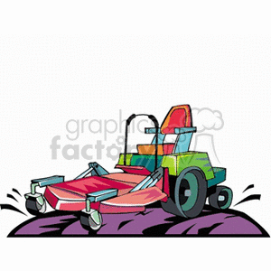 The clipart image depicts a colorful cartoon-style tractor lawn mower. It is illustrated with a green body, a red mower deck, and is displayed on a surface that could be interpreted as the ground or grass, given the context. The lawn mower is designed with exaggerated features, such as large rear wheels, a prominent seat, and a steering mechanism.