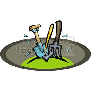 The image depicts a cartoon-style illustration of three garden tools, specifically a shovel, a garden hoe, and a rake, sticking out of the ground on a small patch of grass within what appears to be a gray circular base, possibly representing a garden or a farm environment. There are some animated water droplets surrounding the tools, which might suggest recent use or work done in the area.