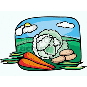 The clipart image depicts a variety of fresh vegetables. There are carrots, potatoes, some green leafy vegetables that could be lettuce or cabbage, and what appears to be pods of peas. These items are displayed in front of an outdoor scene with a blue sky, white clouds, and a green landscape, which suggests a garden or farm environment where vegetables might be grown.