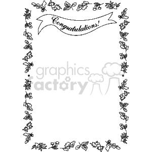 The clipart image features a decorative frame with a floral motif. Along the left and right sides, there is a repeating pattern of flowers and leaves creating the borders. At the top center, there is a banner that reads Congratulations, styled in a flowing, script typeface. The background within the frame is blank, providing space to add text or further decoration. Overall, this image has a celebratory and elegant design, likely intended for use on occasions that warrant a congratulatory message.