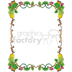 The clipart image features a decorative jungle-themed border. The design includes various elements associated with a tropical jungle such as leafy vines, colorful flowers, and dangling bananas suggestive of a tree. Monkeys are also part of the design, visible at the top corners, adding a playful element typical of a jungle environment. The border creates an empty central space which can be used for inserting text or other images, making it ideal for themed invitations, educational materials, or travel-related presentations.