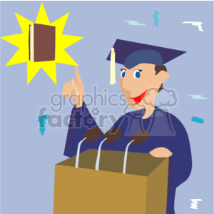 The clipart image depicts a graduation scene with a character wearing a blue graduation cap and gown, standing at a podium with microphones, and holding up a diploma. In the background, there is a bright, stylized shining star with a book at its center, symbolizing education or achievement. The character appears to be happy and possibly giving a speech, as indicated by the microphones. There are also small confetti or streamer graphics scattered in the air that suggest a celebration.