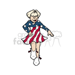 This clipart image features a girl depicted as a cheerleader wearing an outfit with the American flag design. She has a star-spangled top in blue with white stars, and her skirt is striped in red and white, mimicking the United States flag. She has blonde hair and is wearing white boots. Her pose suggests she's caught mid-dance or cheerleading routine.