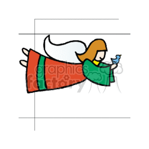 The image is a simple and colorful clipart depicting a Christmas angel. The angel has golden hair, white wings, and is dressed in a red robe with green sleeves. It is holding a small blue bird in its hands.