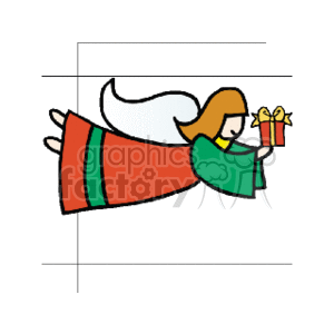The clipart image displays a colorful drawing of an angel holding a gift. The angel has large wings and is wearing a green and red robe, which are colors commonly associated with Christmas. The angel appears cheerful as it presents the gift.