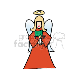 The clipart image depicts a cartoon-style illustration of an angel associated with the Christmas holiday. The angel is wearing a red gown, has yellow hair, blue wings, and a golden halo above its head. It is holding a candle, signifying light and warmth, which are common themes during the holiday season.