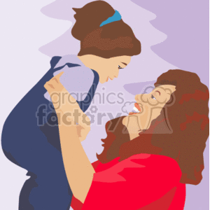 The clipart image depicts a joyful mother holding her child in a loving embrace. Both the mom and the child are smiling and looking at each other affectionately, suggesting a warm family moment.