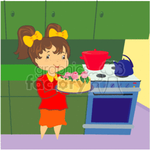 This clipart image depicts a happy cartoon mother in a kitchen setting. She is holding a cake with flowers on top of it, presumably to celebrate a special occasion such as Mother's Day. In the background, there is a counter with a red bowl and a blue tea kettle, and a blue oven completes the kitchen scene.