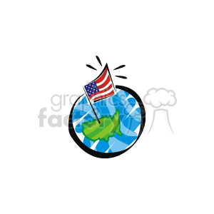 The clipart image features a stylized representation of the Earth with a portion of North America visible in green. A United States flag is planted on top, with its pole sticking into the Earth, and the flag itself is waving. The flag has the typical red and white stripes and white stars on a blue background, reflective of the American flag.
