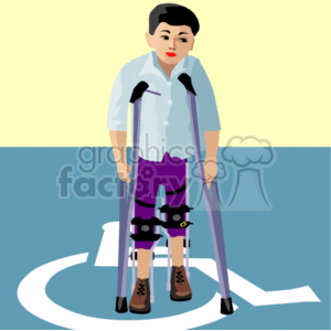 This clipart image features a young boy standing with the aid of two crutches. The boy appears to have a broken leg with braces attached to his leg for support. He is wearing shorts and boots, and has a neutral or slightly sad expression on his face. The background consists of two different shades split by a curved line, possibly indicating an indoor setting with a wall and floor.