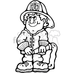 This clipart image features a cartoon-style firefighter. The character appears happy and is wearing traditional firefighting gear that includes a helmet with a C insignia, a buttoned-up jacket, gloves, pants, and boots. The firefighter is holding a fire hose, which is a common tool used by firefighters to extinguish fires.