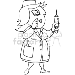 This clipart image features a stylized character that represents a medical professional, such as a nurse or phlebotomist. The character is wearing a lab coat and a nurse's cap. They are holding a syringe with a needle in one hand and gesturing with the other hand, possibly indicating they are ready to give an injection or draw blood. The character also appears to be carrying a small bag, which might contain other medical supplies.