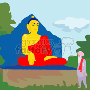 The image appears to depict a large, golden statue of a seated figure, likely representing the Buddha, given the traditional meditation pose and attire. The figure is seated on a platform with a blue backdrop, symbolizing serenity. In front of the statue, there is a person standing to one side, possibly in a reverent stance, suggesting that they may be engaging in prayer or reflection. The setting includes trees and clouds, indicative of an outdoor, tranquil environment, often associated with spaces for meditation or worship in many Eastern religious contexts.