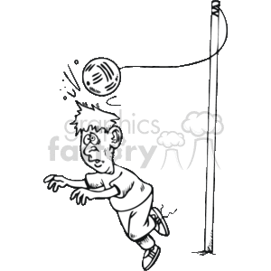 This is a black-and-white clipart image showing a humorous scene with a young kid who seems to be playing volleyball. The kid has a surprised expression, suggesting that they missed hitting the ball with their head. The ball is in the air, and a pole with a volleyball net is visible in the background.