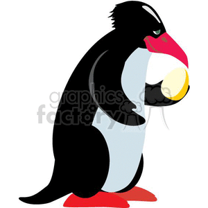 This image features a cartoon of a black and white penguin with a distinctive red beak, holding an egg. The penguin stands upright on its red feet against a plain background. The style is typical of a simple, humorous comic or clipart.