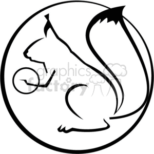 The image is a simple black and white clipart of a squirrel. The squirrel is contained within a circular border and is depicted in profile holding a nut. Its tail is large and bushy, arching over its body, contributing to a stylized and clean look suitable for vinyl cutting applications.