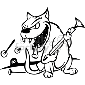 The image depicts a stylized cartoon drawing of an angry cat holding a dart gun, with several darts and a worried mouse in the scene. The cat appears to be on the hunt with a menacing expression, and the darts suggest a comical juxtaposition between the cat's natural predatory instincts and a human-like hunting activity.