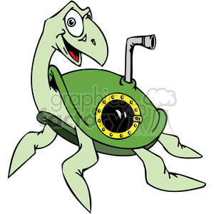 This is a whimsical clipart image depicting a turtle with a submarine-like shell. The turtle's shell is styled to resemble a green submarine complete with a round viewing window surrounded by rivets and a periscope extending from the top. The turtle has a friendly expression and cartoonish features.