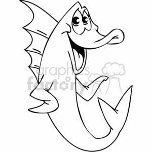 The clipart image shows a cartoon fish characterized by exaggerated features: it has a large smiling mouth, wide eyes, and a prominent dorsal fin. The fish appears to be in a lively, happy pose, contributing to the comedic effect of the illustration.