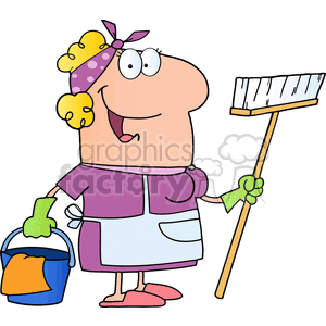 This image features a whimsical cartoon-style character depicted as a cleaning lady or maid. She's wearing a purple dress with a white apron, a bandana with polka dots, and yellow gloves. In her left hand, she holds a bucket filled with sudsy water, indicating cleaning supplies. Her right hand is holding a broom. Her cheerful expression suggests she's happy or enjoying her work.