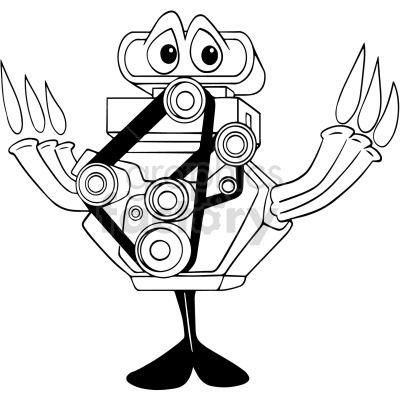 The clipart image shows a cartoon-style black and white illustration of a racing engine. The engine is stylized and exaggerated for a playful effect, featuring elements typically found in high-performance engines like exhaust headers, intake manifold, and other mechanical details. The design highlights the dynamic and powerful nature of a racing engine in a simplified and artistic way.
