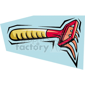 The clipart image features a stylized illustration of a hand-held garden tool, specifically a hoe, which is a gardening implement used for shaping soil, removing weeds, clearing soil, and harvesting root crops. The image portrays a simplified and abstract design with bold outlines and bright colors.