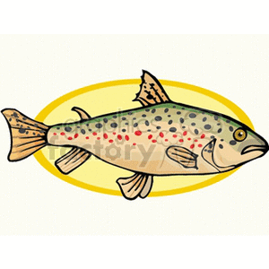 The clipart image features an illustration of a trout, a type of fish, characterized by its elongated body, speckled pattern with dots and red spots, and fins. The trout is depicted against a yellow oval backdrop.