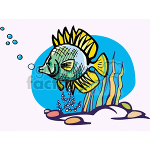 The clipart image depicts a stylized tropical fish with distinctive patterns and fins. The fish appears to be swimming underwater among seaweed and rocks, with bubbles rising toward the surface above.