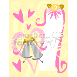 This is a wedding-themed clipart image. It features a decorative border in pink and yellow tones, with hearts and swirl patterns suggesting a celebration of love. Within the border, there are two bells tied together with a bow at the top, commonly associated with wedding celebrations. The bells are often a symbol of marriage and the joyous announcement of a couple's commitment to each other. The center section is left blank, likely intended for text or personalization, such as the names of a wedded couple or a wedding date. The overall design has a playful and festive feel, making it suitable for wedding invitations, cards, or other matrimonial materials.