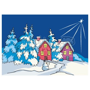 The clipart image depicts a picturesque winter holiday scene that includes the following elements:
- Snow-covered hills in the background.
- Two cozy red cabins with windows glowing warmly and smoke coming out of the chimneys, suggesting they are heated and likely inhabited.
- Several evergreen trees draped with snow, adding to the wintry atmosphere.
- A bright North Star shining in the sky, which is a common symbol associated with Christmas.
- A snowman in the foreground, which adds a playful touch to the scene.