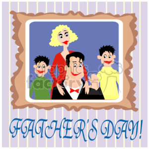 This clipart image features a stylized representation of a family within a frame that resembles a photo or painting. The family consists of four individuals presumably representing a father, mother, and two children with cheerful expressions. The father is wearing a bow tie and suit, suggesting a formal or celebratory occasion. Below the framed family, the words FATHER'S DAY! are prominently displayed, indicating that the image is meant to celebrate or acknowledge this particular holiday.
