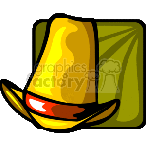 The image shows a stylized clipart of a cowboy hat, often referred to as a ten gallon hat. This hat is depicted with a wide brim and a high, creased crown, and it has a band around the base which looks to have a design or badge on it. The colors used are warm, suggesting it may be linked to a theme like Thanksgiving holidays due to the autumnal color palette.