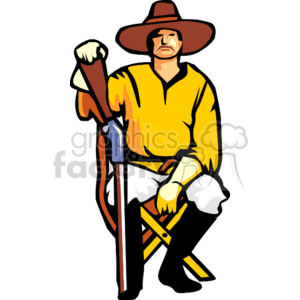 The clipart image displays a cowboy dressed in a wide-brimmed hat, a yellow long-sleeve shirt, and gloves. He is sitting on a stool with one leg crossed over the other, holding a rifle vertically with one hand. The cowboy appears to be relaxed and confident.