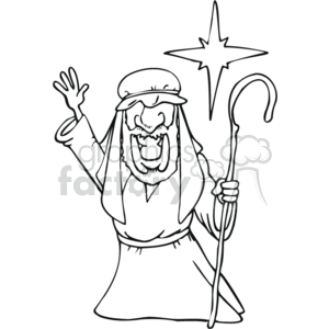 The clipart image shows a figure that appears to be a shepherd. He is wearing traditional attire, which includes a headdress and robe, and he is holding a shepherd's crook in one hand. The figure has a joyful expression with his mouth open as if shouting or singing, and his other hand is raised upward. There's also a star depicted above him that could be interpreted as the Star of Bethlehem, commonly associated with Christian nativity narratives.