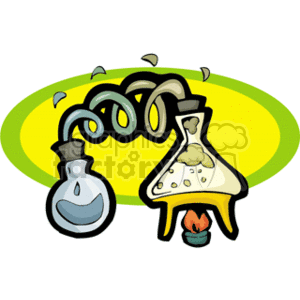 The clipart image depicts chemistry laboratory equipment typically used for experiments. There is a round-bottom flask containing a blue liquid connected by a tube to a distillation apparatus, which then leads to a boiling flask on a stand being heated by a Bunsen burner. This setup illustrates a chemical reaction or distillation process, commonly performed in science labs during experiments.