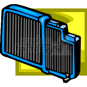 The image depicts a clipart representation of an automotive radiator, which is a critical component of a vehicle's cooling system. The radiator is illustrated with blue highlights presumably indicating its metallic parts, and black lines representing the cooling fins, which are essential for heat dissipation.