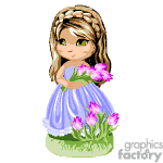 The image is a clipart of a young girl with braided hair wearing a pastel blue dress, holding a bunch of pink flowers. She appears to be standing on grass with more pink flowers at her feet. She could be a flower girl for a wedding